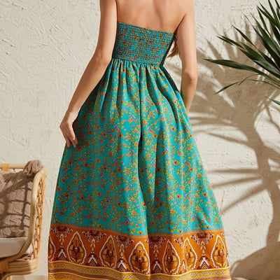 Women's Sexy Strapless Printed Dress - Elegant Off-Shoulder Maxi Vacation Dress