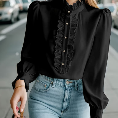 Women’s Fashionable Stand-Up Collar Long-Sleeved Shirt with Ruffled Hem – Solid Colour