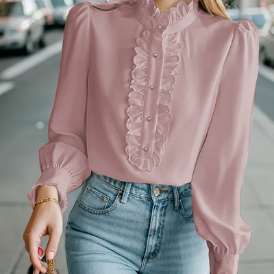 Women’s Fashionable Stand-Up Collar Long-Sleeved Shirt with Ruffled Hem – Solid Colour