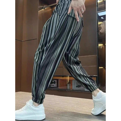 Men’s Ankle-Tied Harlan Thin Cropped Ice Silk Casual Trousers – Striped