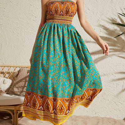 Women's Sexy Strapless Printed Dress - Elegant Off-Shoulder Maxi Vacation Dress