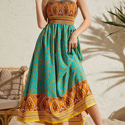 Women's Sexy Strapless Printed Dress - Elegant Off-Shoulder Maxi Vacation Dress