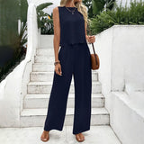 Women's Elegant 2-Piece Matching Set, Sleeveless Crop Top And Wide Leg Pants Outfits