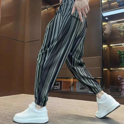 Men’s Ankle-Tied Harlan Thin Cropped Ice Silk Casual Trousers – Striped