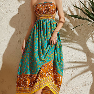 Women's Sexy Strapless Printed Dress - Elegant Off-Shoulder Maxi Vacation Dress