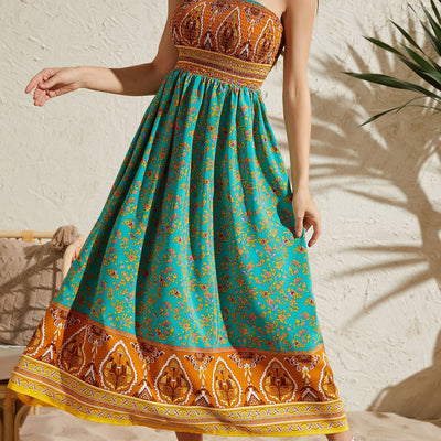 Women's Sexy Strapless Printed Dress - Elegant Off-Shoulder Maxi Vacation Dress