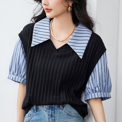 Slimming False Two-piece Women's French Puff Short Sleeve Striped Top