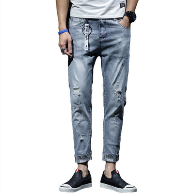 Men’s Grey Ripped Cropped Jeans with Printed Cuffs – Urban Summer Style
