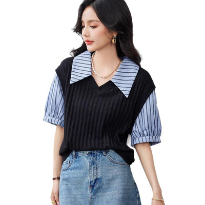 Slimming False Two-piece Women's French Puff Short Sleeve Striped Top