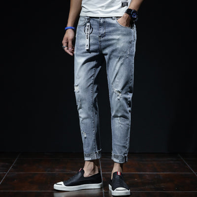 Men’s Grey Ripped Cropped Jeans with Printed Cuffs – Urban Summer Style
