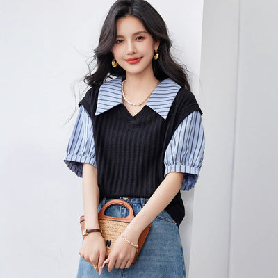Slimming False Two-piece Women's French Puff Short Sleeve Striped Top