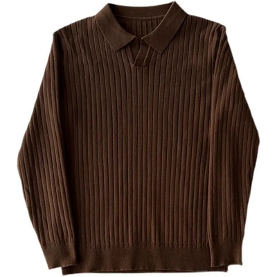 Mens Clothing Retro Knit Lapel Striped Polo Shirt Solid Color Long Sleeve Fashion Light Luxury Popular Knitwear 3Xl