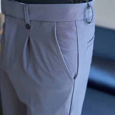 Men’s High-Waist Straight Double-Pleated Casual Suit Trousers – High Stretch