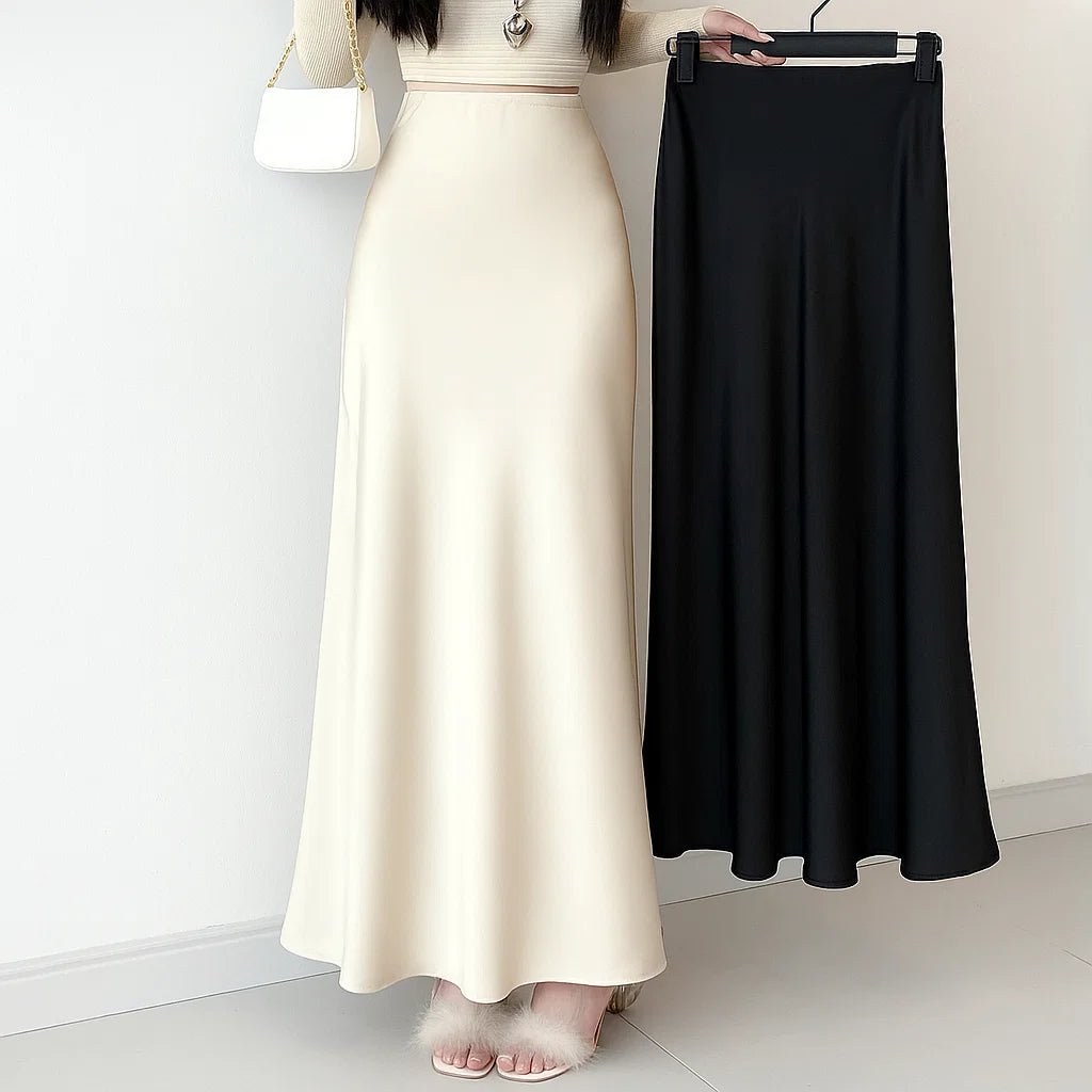 Black Satin Skirt Woman High Waist Elegant Long Skirts For Women Fashion Summer Midi Skirt Office Women's Skirts
