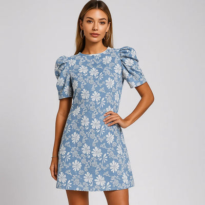 Women's Summer Mini Dress Short Sleeve Floral Jacquard Puff Sleeve Crew Neck Dress