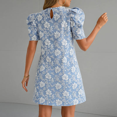 Women's Summer Mini Dress Short Sleeve Floral Jacquard Puff Sleeve Crew Neck Dress