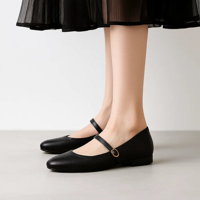 Genuine Leather Flat Bottom French Vintage Single Shoes Soft Leather Bean Bean Shoes Square Head One Strap Ballet Shoes Mary Jan