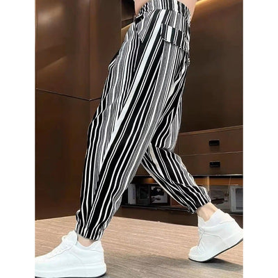Men’s Ankle-Tied Harlan Thin Cropped Ice Silk Casual Trousers – Striped