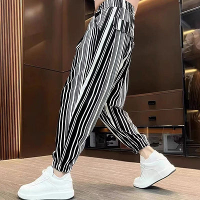 Men’s Ankle-Tied Harlan Thin Cropped Ice Silk Casual Trousers – Striped