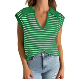 Women's V Neck Cap Sleeve Sweater Vest Sleeveless Collared Striped Knit Tank Tops