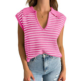 Women's V Neck Cap Sleeve Sweater Vest Sleeveless Collared Striped Knit Tank Tops