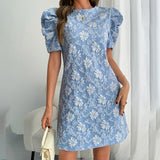 Women's Summer Mini Dress Short Sleeve Floral Jacquard Puff Sleeve Crew Neck Dress