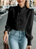 Women’s Fashionable Stand-Up Collar Long-Sleeved Shirt with Ruffled Hem – Solid Colour