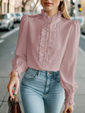 Women’s Fashionable Stand-Up Collar Long-Sleeved Shirt with Ruffled Hem – Solid Colour