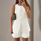 Women's Summer 2 Piece Short Sets Sleeveless Crew Neck Suit Vest Tops High Waist Shorts Business Outfits