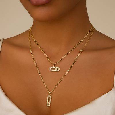 Paperclip Double Layer Necklace Women Full Diamonds 18K Gold Pendant Tassel Clavicle Chain