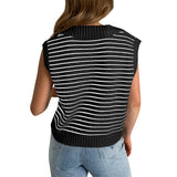 Women's V Neck Cap Sleeve Sweater Vest Sleeveless Collared Striped Knit Tank Tops