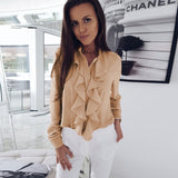 Long sleeve ruffled V-neck shirt