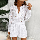 Women's Solid Color Elegant V-Neck Lace Long Sleeve Blouse & Shorts Set - Summer Casual Minimalist Outfit
