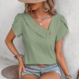 Womens Dressy Casual Petal Sleeve Asymmetrical V Neck Work Shirts Blouse Tops