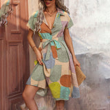 Women's Bohemian Floral Midi Dress V-Neck Short Sleeve Casual Dress, Slight Stretch Woven Fabric, Vibrant Print,  Summer Fashion