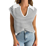 Women's V Neck Cap Sleeve Sweater Vest Sleeveless Collared Striped Knit Tank Tops