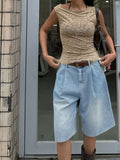 Retro Pleated Wide Leg Straight Denim Shorts Without Belt