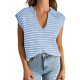 Women's V Neck Cap Sleeve Sweater Vest Sleeveless Collared Striped Knit Tank Tops