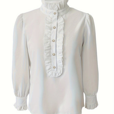 Women’s Fashionable Stand-Up Collar Long-Sleeved Shirt with Ruffled Hem – Solid Colour