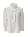Women’s Fashionable Stand-Up Collar Long-Sleeved Shirt with Ruffled Hem – Solid Colour