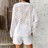 Women's Solid Color Elegant V-Neck Lace Long Sleeve Blouse & Shorts Set - Summer Casual Minimalist Outfit