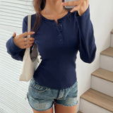 Crew Neck Casual All-match Solid Color Long-sleeved T-shirt For Women