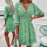 Womens Boho Floral Deep V Neck Smocked Elastic Waist Casual A-Line Swing Mini Dress Sundress