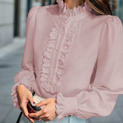 Women’s Fashionable Stand-Up Collar Long-Sleeved Shirt with Ruffled Hem – Solid Colour