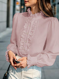 Women’s Fashionable Stand-Up Collar Long-Sleeved Shirt with Ruffled Hem – Solid Colour