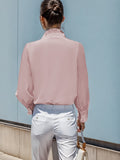 Women’s Fashionable Stand-Up Collar Long-Sleeved Shirt with Ruffled Hem – Solid Colour