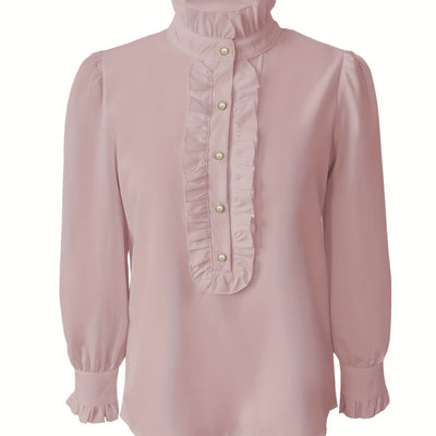Women’s Fashionable Stand-Up Collar Long-Sleeved Shirt with Ruffled Hem – Solid Colour