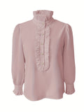 Women’s Fashionable Stand-Up Collar Long-Sleeved Shirt with Ruffled Hem – Solid Colour