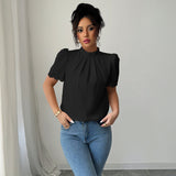 Simple Fashion Style Embroidered Sleeve Round Neck Blouse Women's Shirt