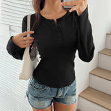 Crew Neck Casual All-match Solid Color Long-sleeved T-shirt For Women